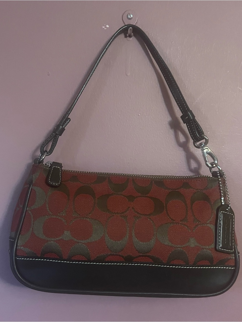 Coach Y2K Hampton Red Canvas &Brown Leather Signature Jacquard Demi Baguette Bag